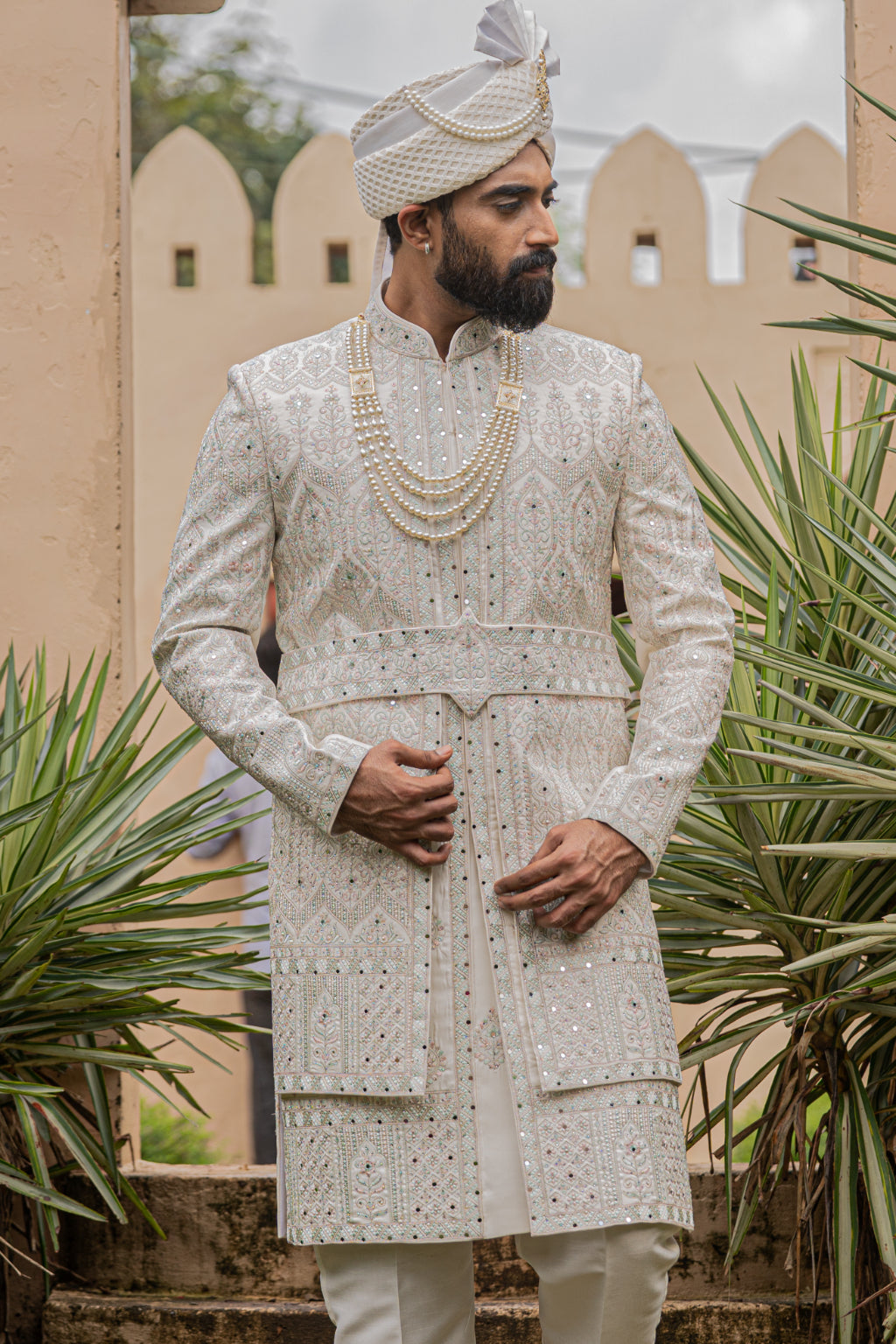 Ivory Embroidered Sherwan - Crafted Just for You. Minimum Delivery: 20 Days