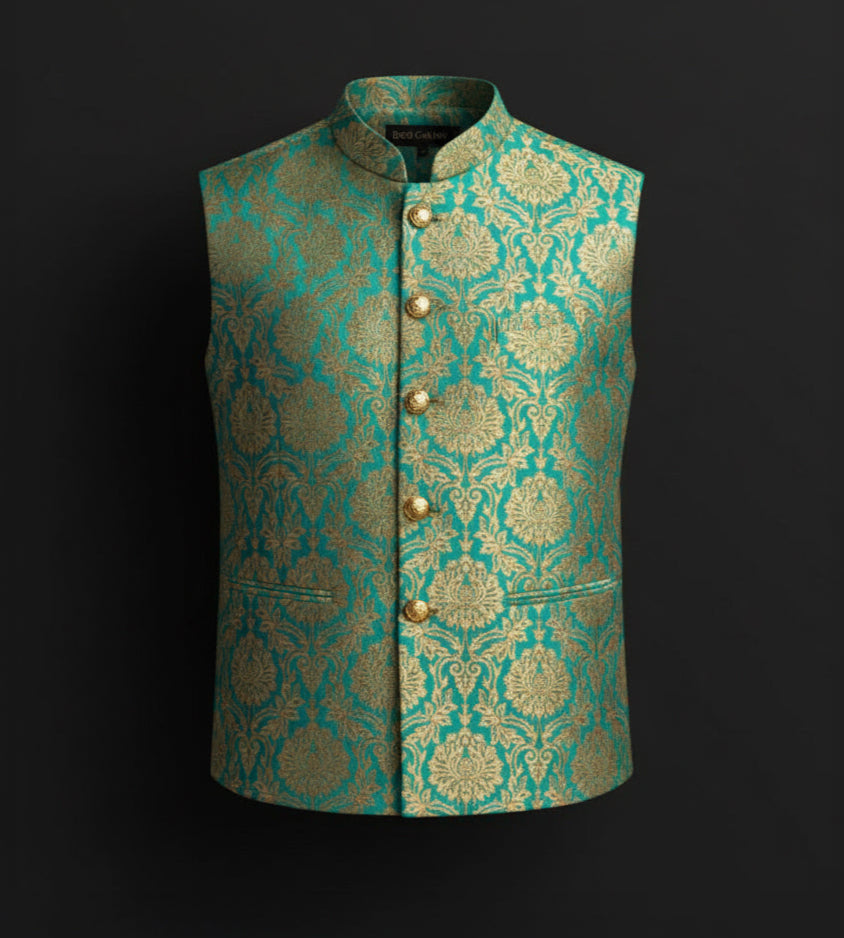 Emerald Green Brocade Nehru Jacket with Gold Zari Work