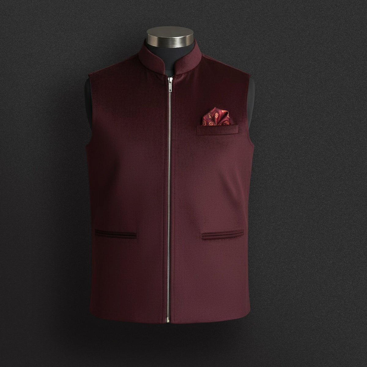 Maroon Zipper Nehru Jacket with Silk Pocket Square