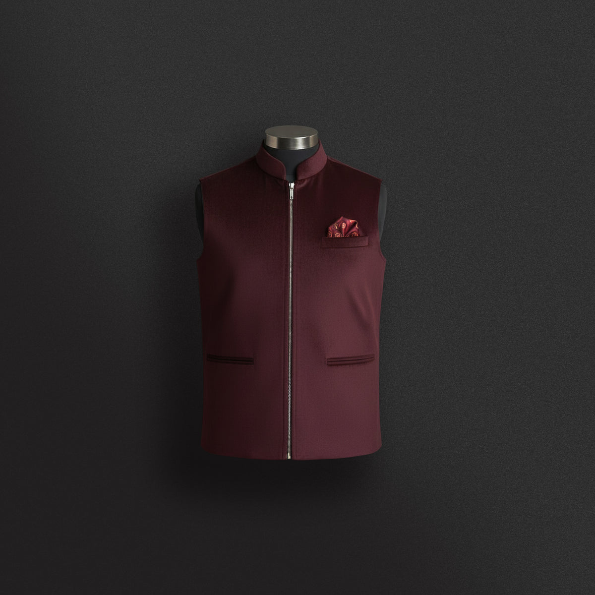 Maroon Zipper Nehru Jacket with Silk Pocket Square
