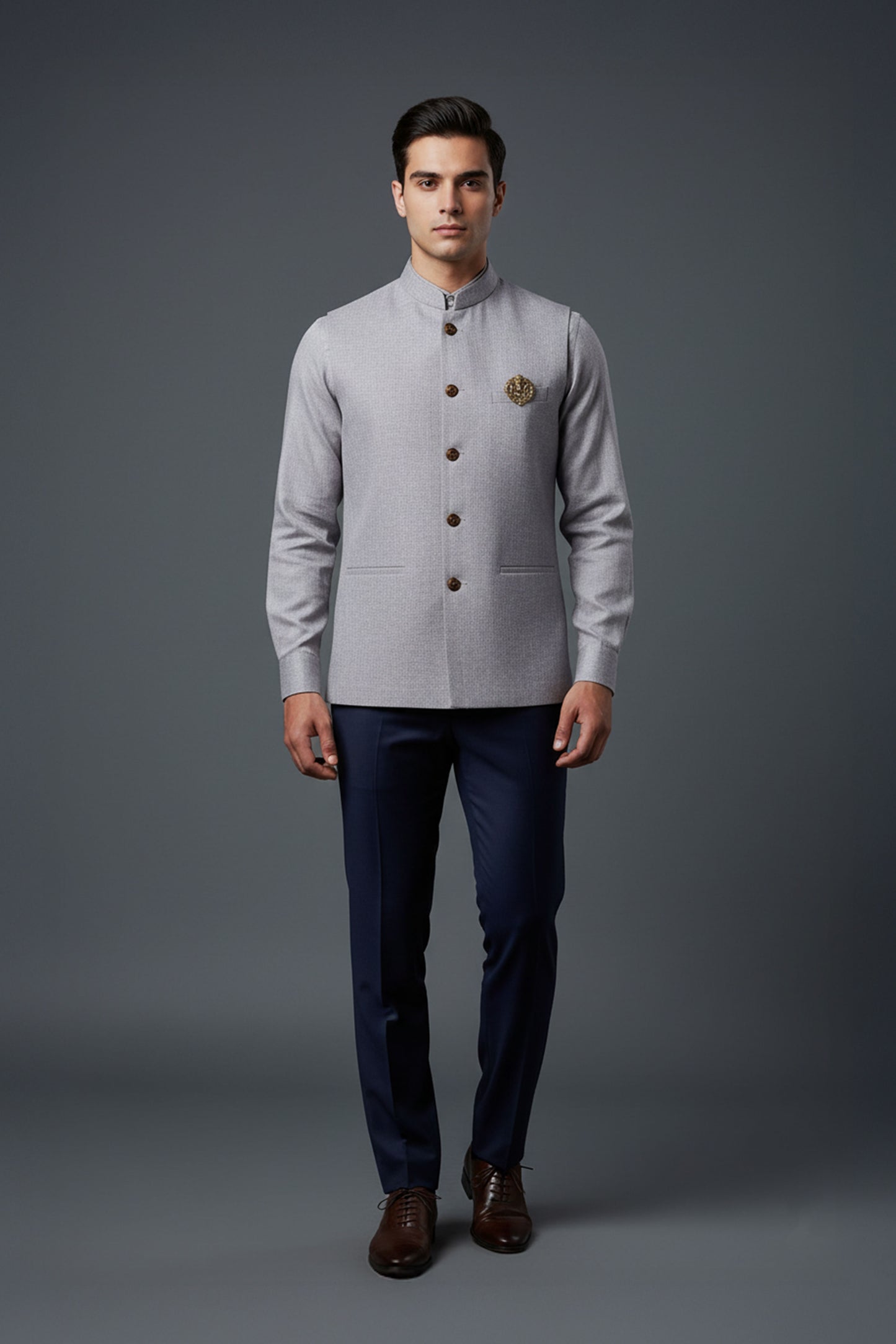 Light Grey Textured Nehru Jacket with Matching Shirt