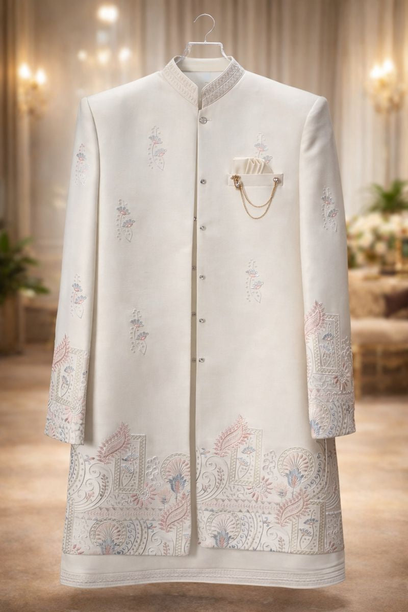 Men’s Pearl White Jacquard Silk Indo-Western