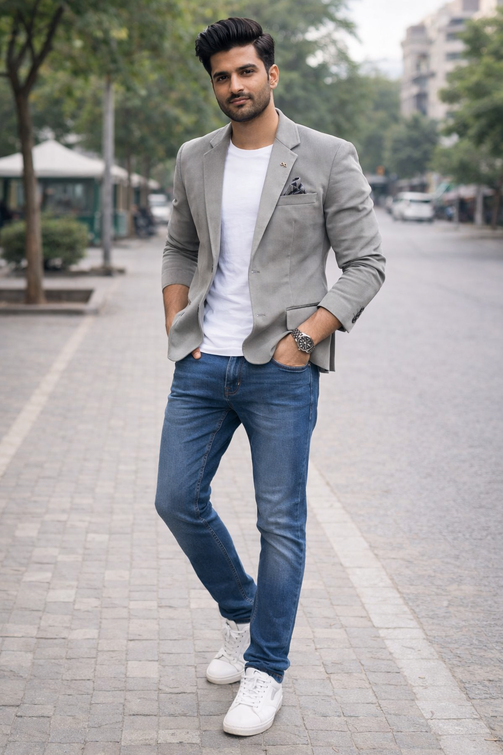 Men’s Grey Velvet Solid Casual Blazer