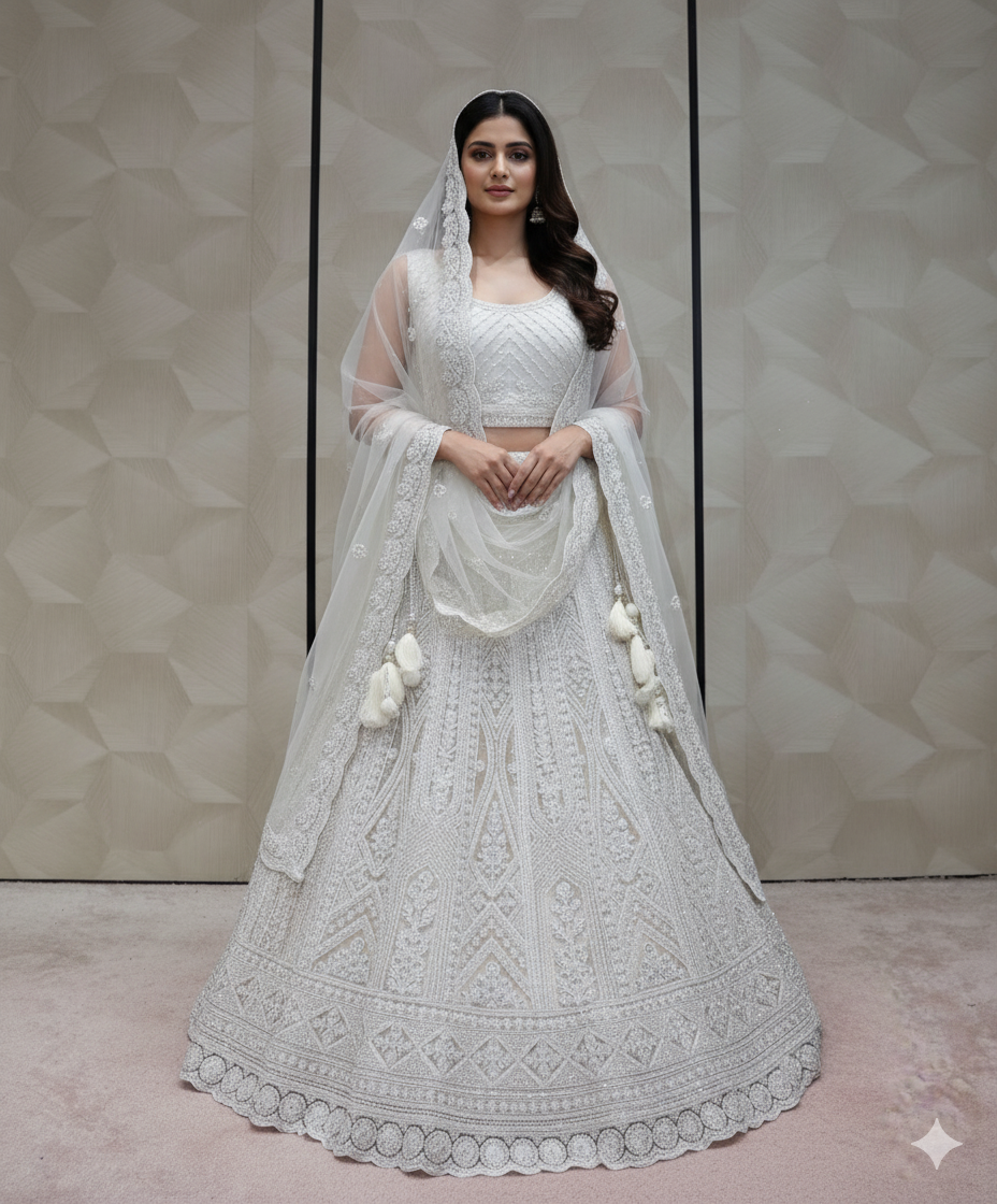 Off-White Chikankari or Threadwork Lehenga - Crafted Just for You. Minimum Delivery 20 Days