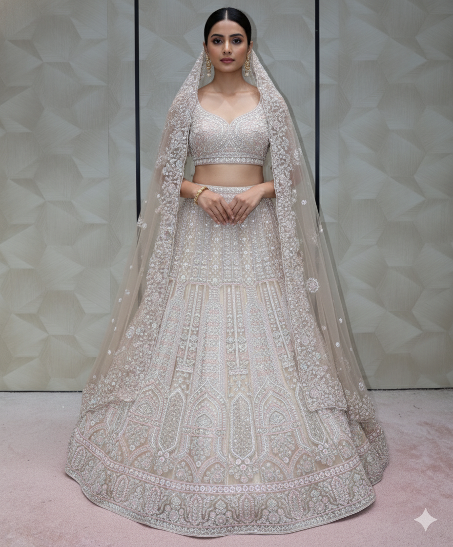 Monotone Heavy Silver/Ivory Embroidered Lehenga - Crafted Just for You. Minimum Delivery 20 Days