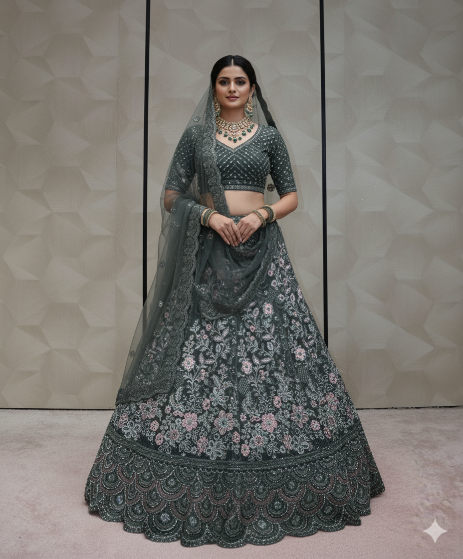 Dusty Green Floral Embroidered Lehenga - Crafted Just for You. Minimum Delivery 20 Days