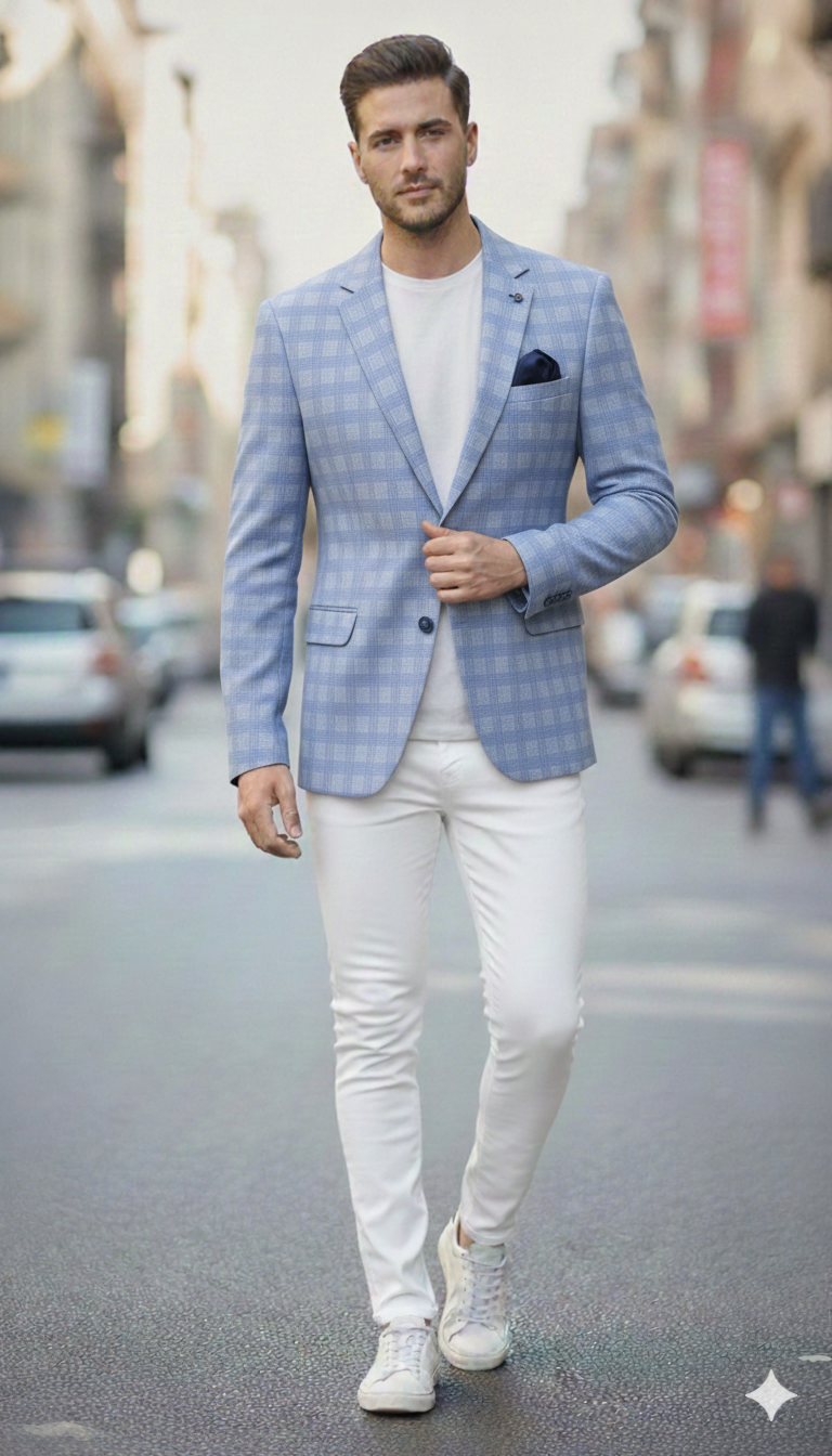 Sky Blue Checkered Luxury Men’s Blazer