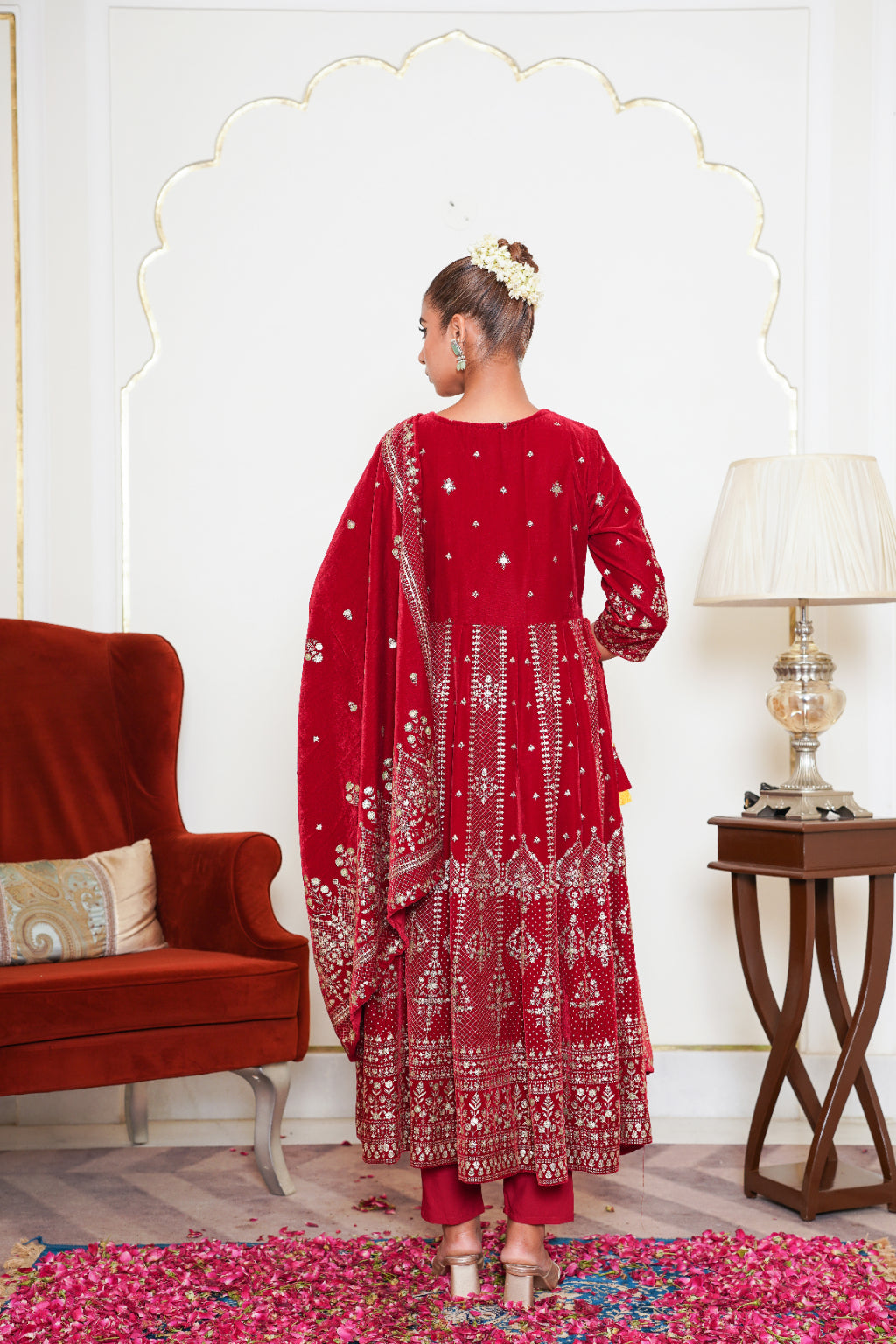 Red Embroidered Velvet Anarkali Suit Set