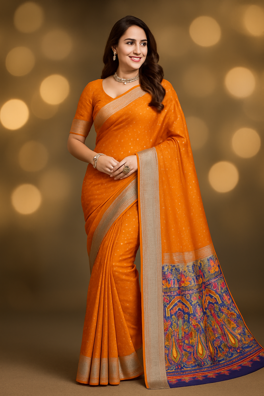 Bandhani Style Saree With Silver Zari Border
