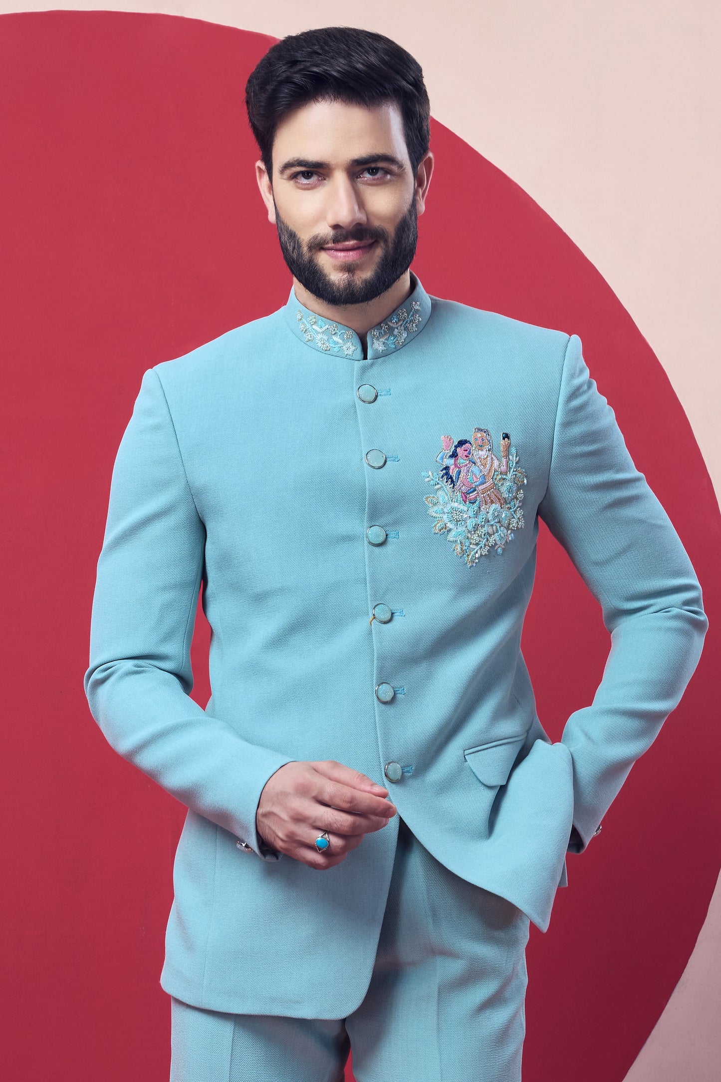 Elegant Jodhpuri suit or Bandhgala, representing royal Indian heritage.