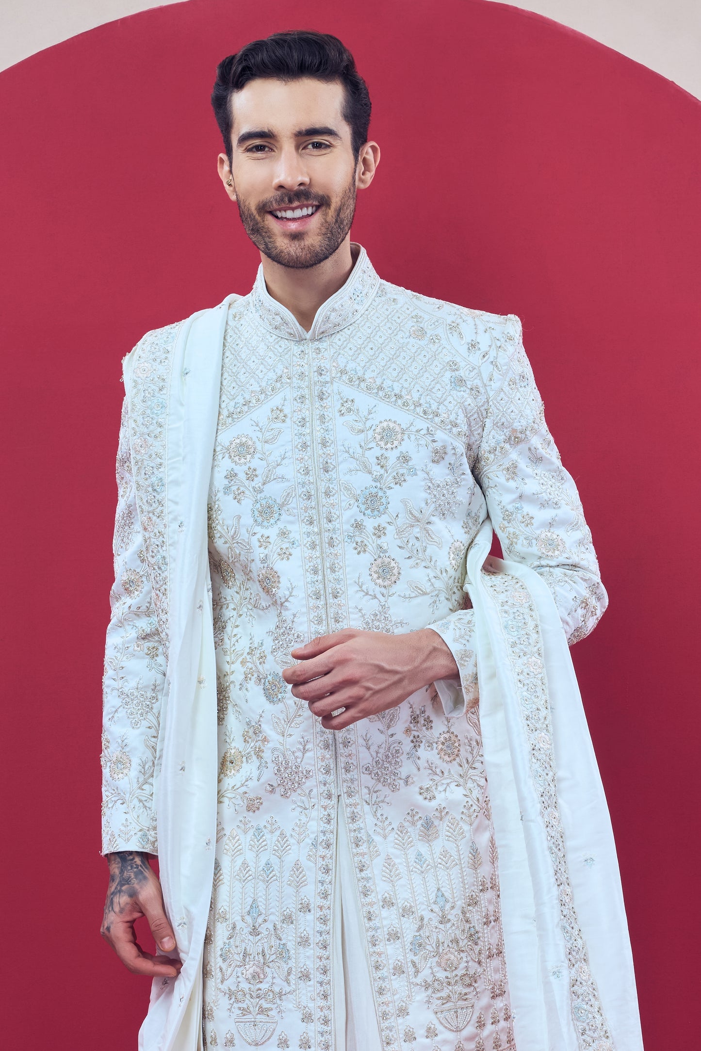 ROYAL WHITE EMBROIDERED SHERWANI - Crafted Just for You. Minimum Delivery: 20 Days