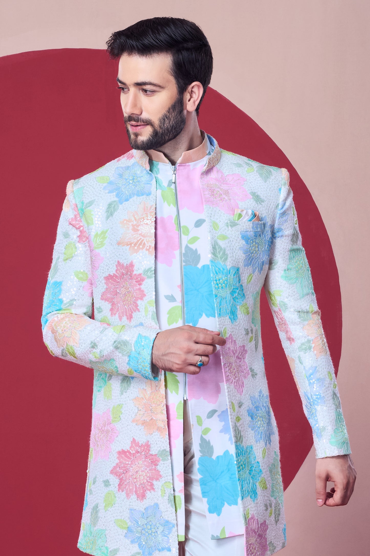 Pastel Floral Indo-Western Jodhpuri Set - Crafted Just for You. Minimum Delivery: 20 Days
