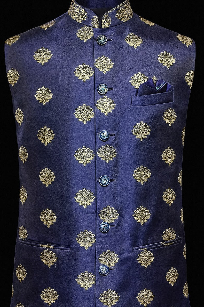Royal Navy Blue Zari Embroidered Nehru Jacket
