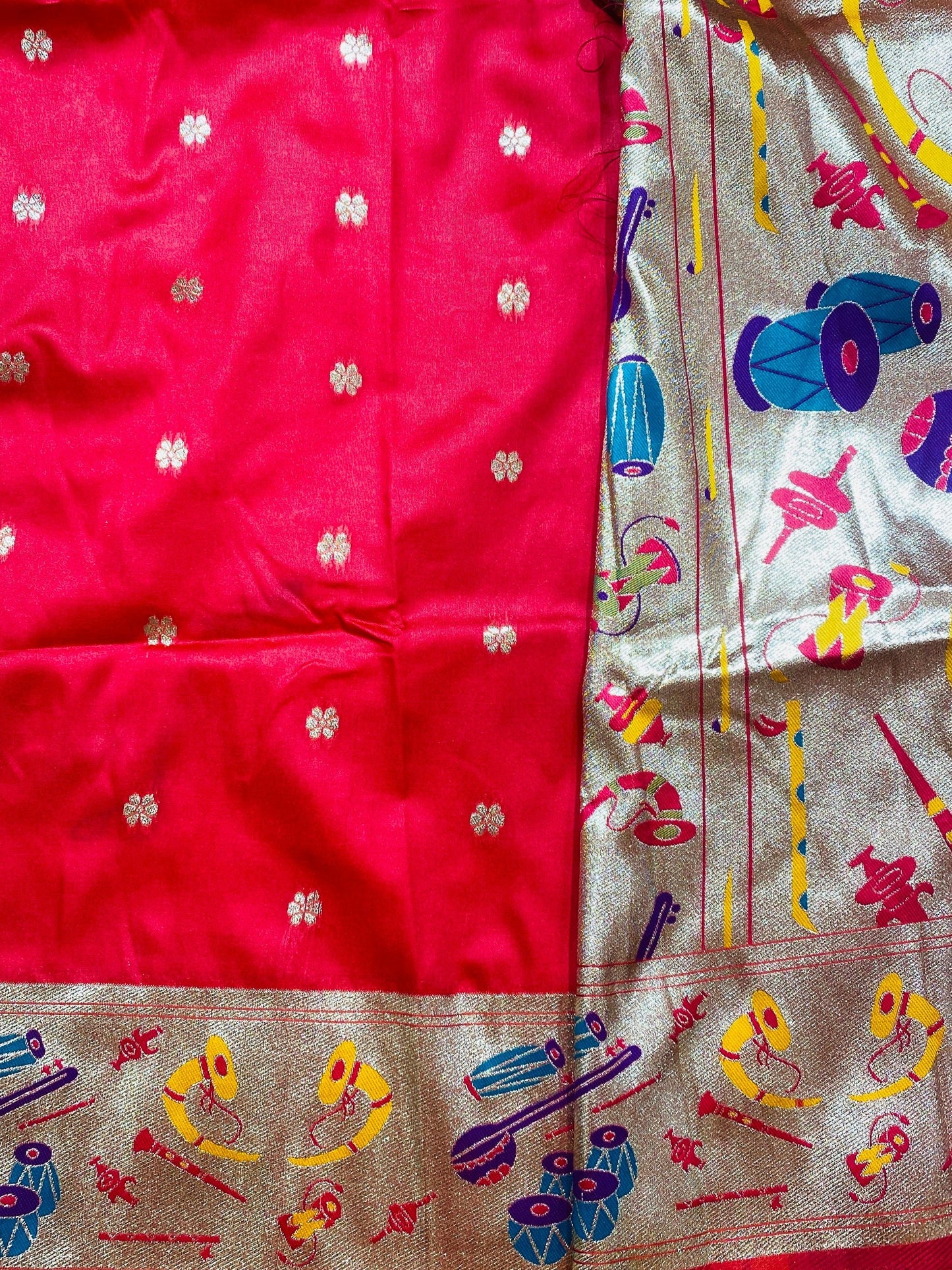 Red Silk Saree with Traditional Dandiya & Musical Motif Border