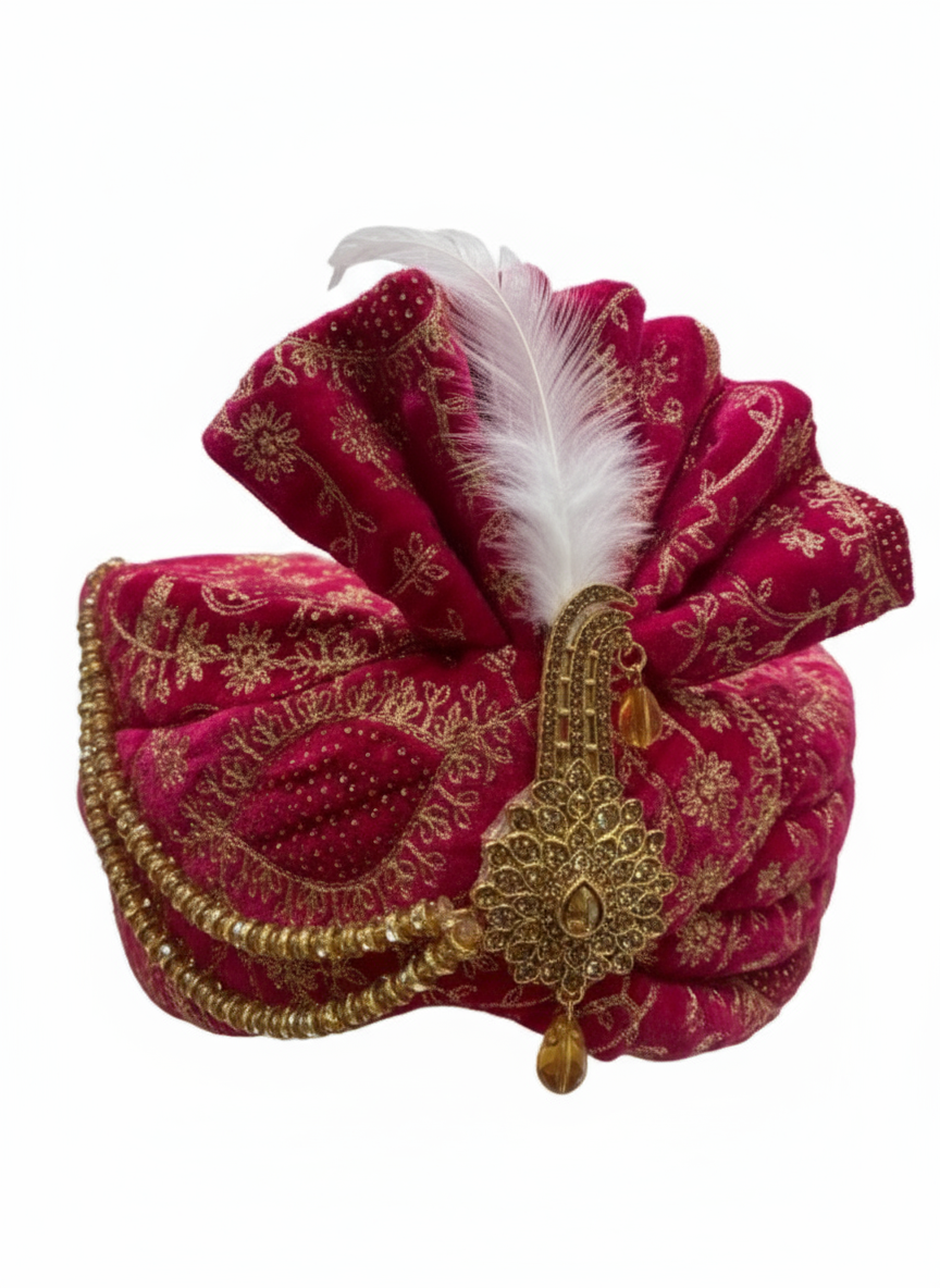 Pink Groom Safa with Feather & Stone Brooch