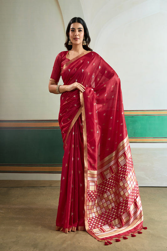 Women Red Art Silk Geometric Printed Saree
