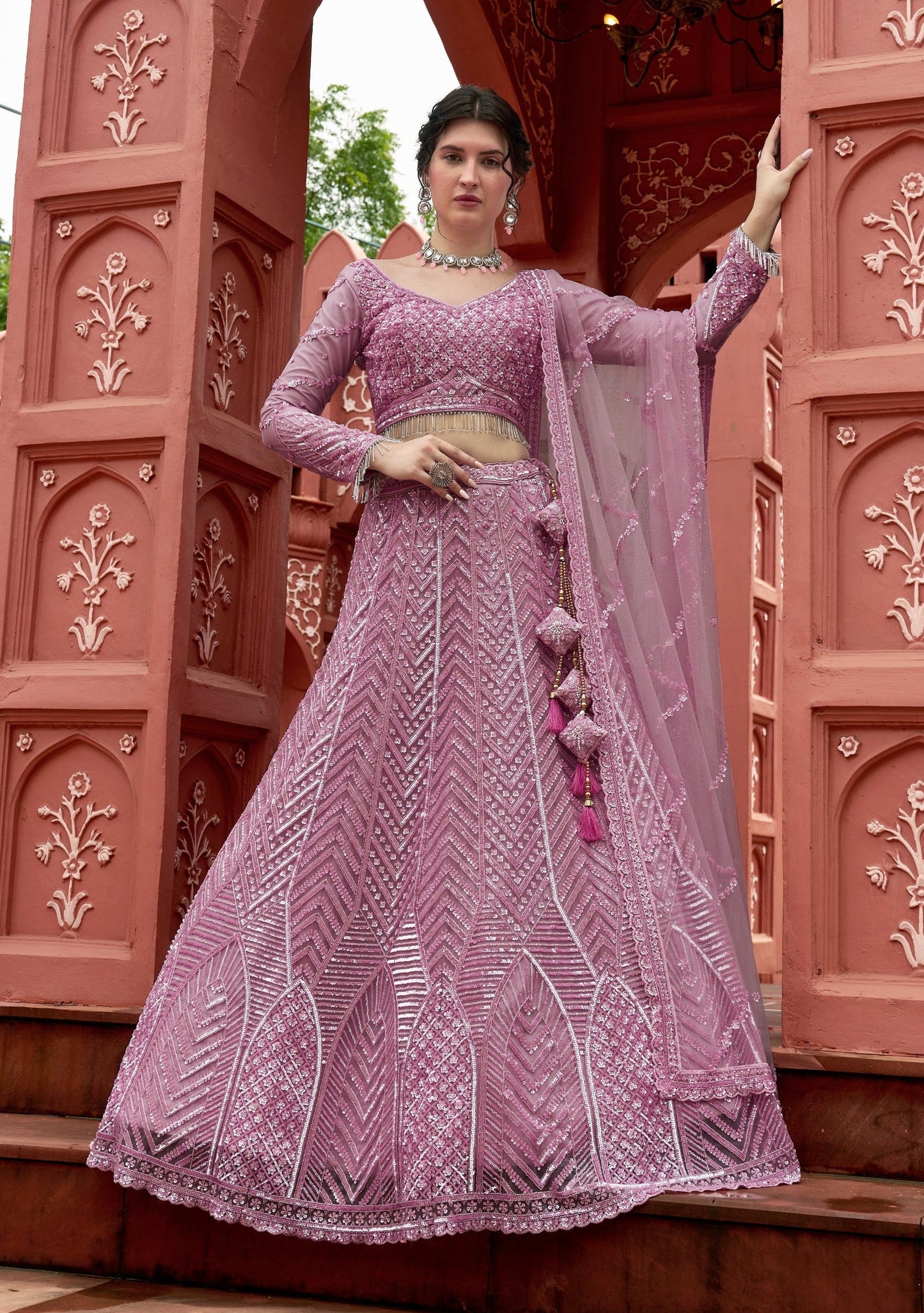 "Pink Sequins Floral Embroidered Net Lehenga Choli" - Crafted Just for You. Minimum Delivery 20 Days