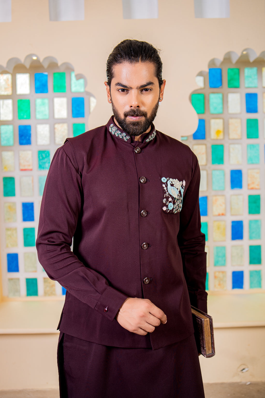 Elegant Wine Indo-Western Set - Crafted Just for You. Minimum Delivery: 20 Days