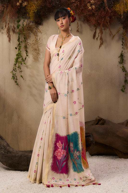 Women Off-White Cotton Silk Floral Printed Saree