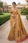 Golden Mustard Shimmer Tissue Silk Saree with Butti Motifs & Floral Printed Border