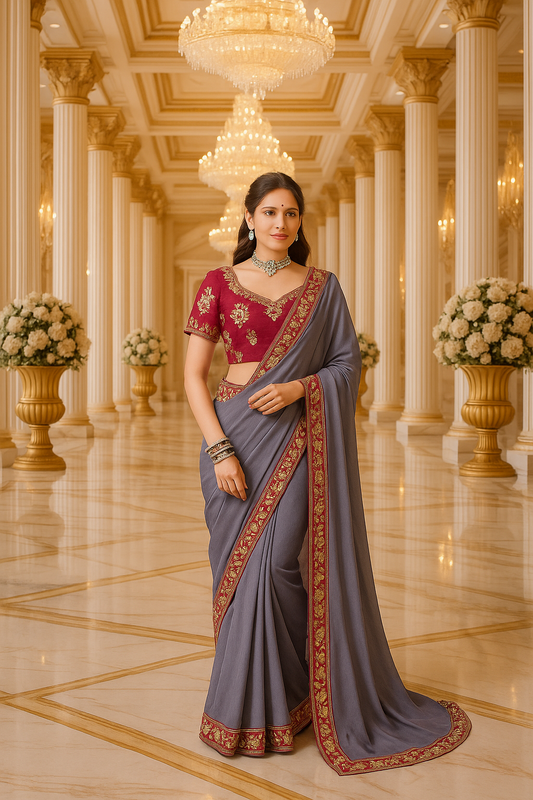 Plain Embroidered Border Saree