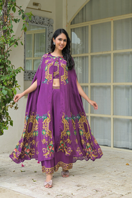 Women’s Georgette Purple Floral Printed Cape Co-Ord Set
