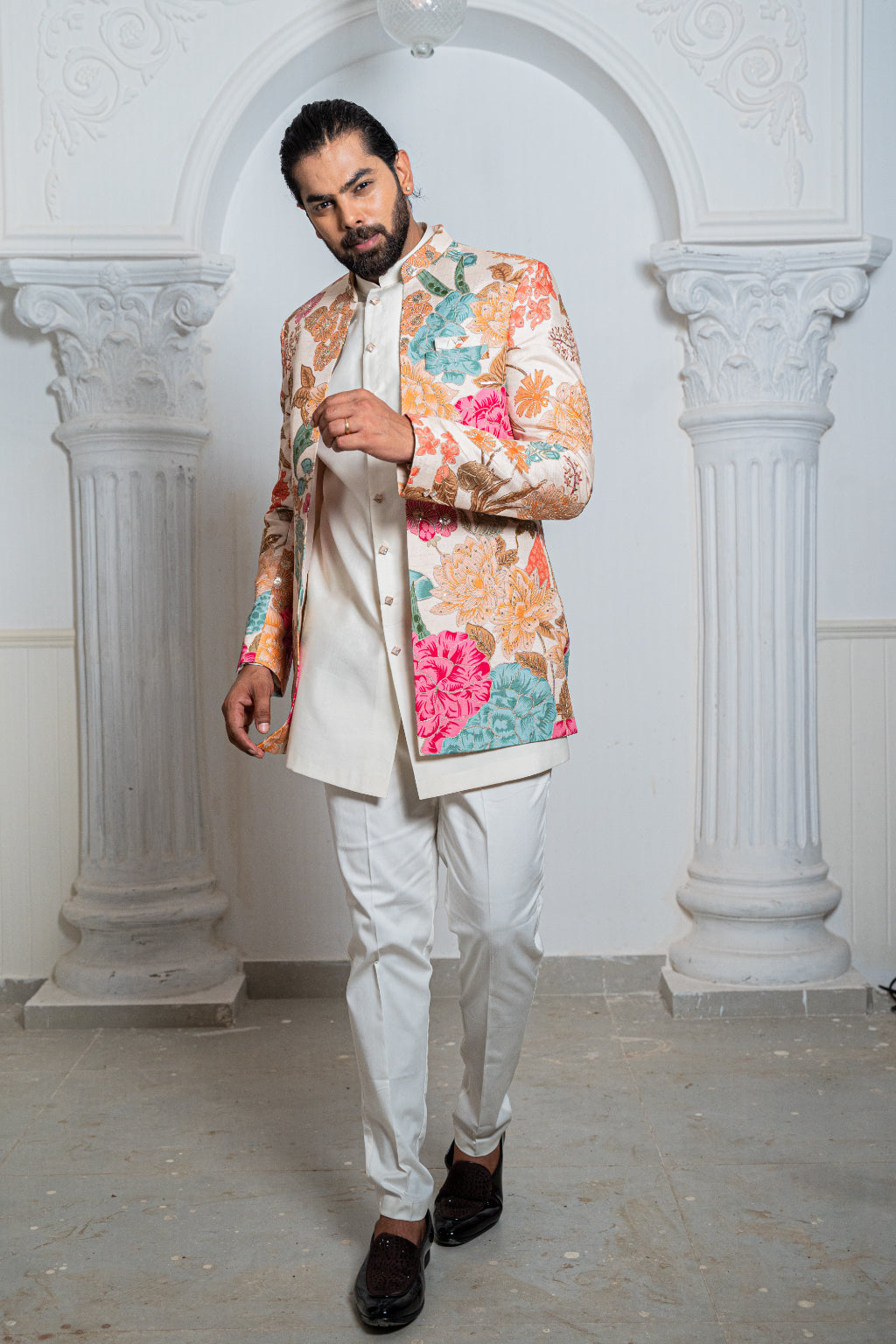 Floral Cream Indo Western Set - Crafted Just for You. Minimum Delivery: 20 Days