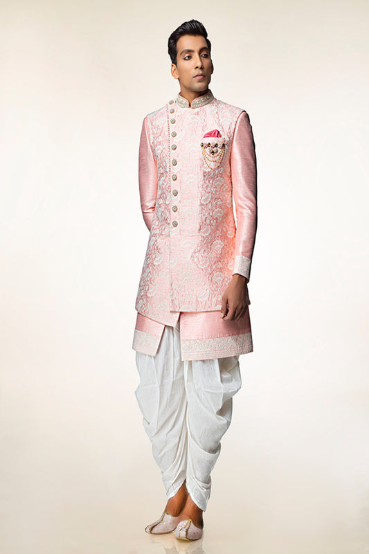 Pastel Pink Sherwani with Dhoti - Crafted Just for You. Minimum Delivery: 20 Days