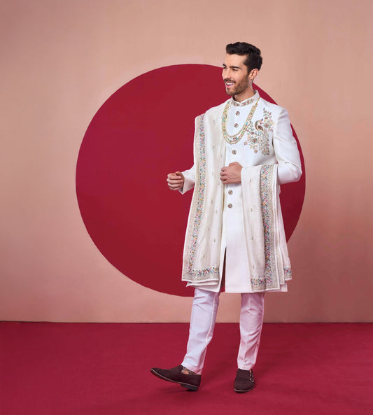 Royal White Embroidered Sherwani – Classic Wedding Look