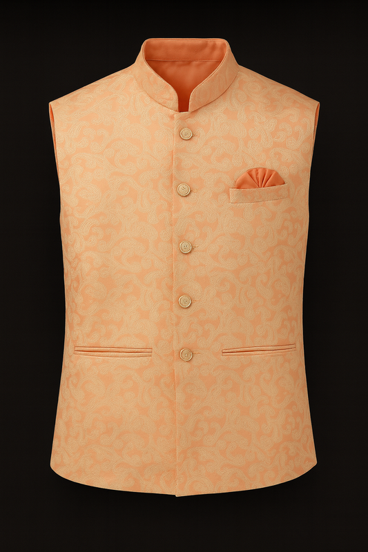 Peach Embroidered Nehru Jacket
