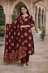 Women Maroon Cotton Paisley Printed Kurti Dupatta Set
