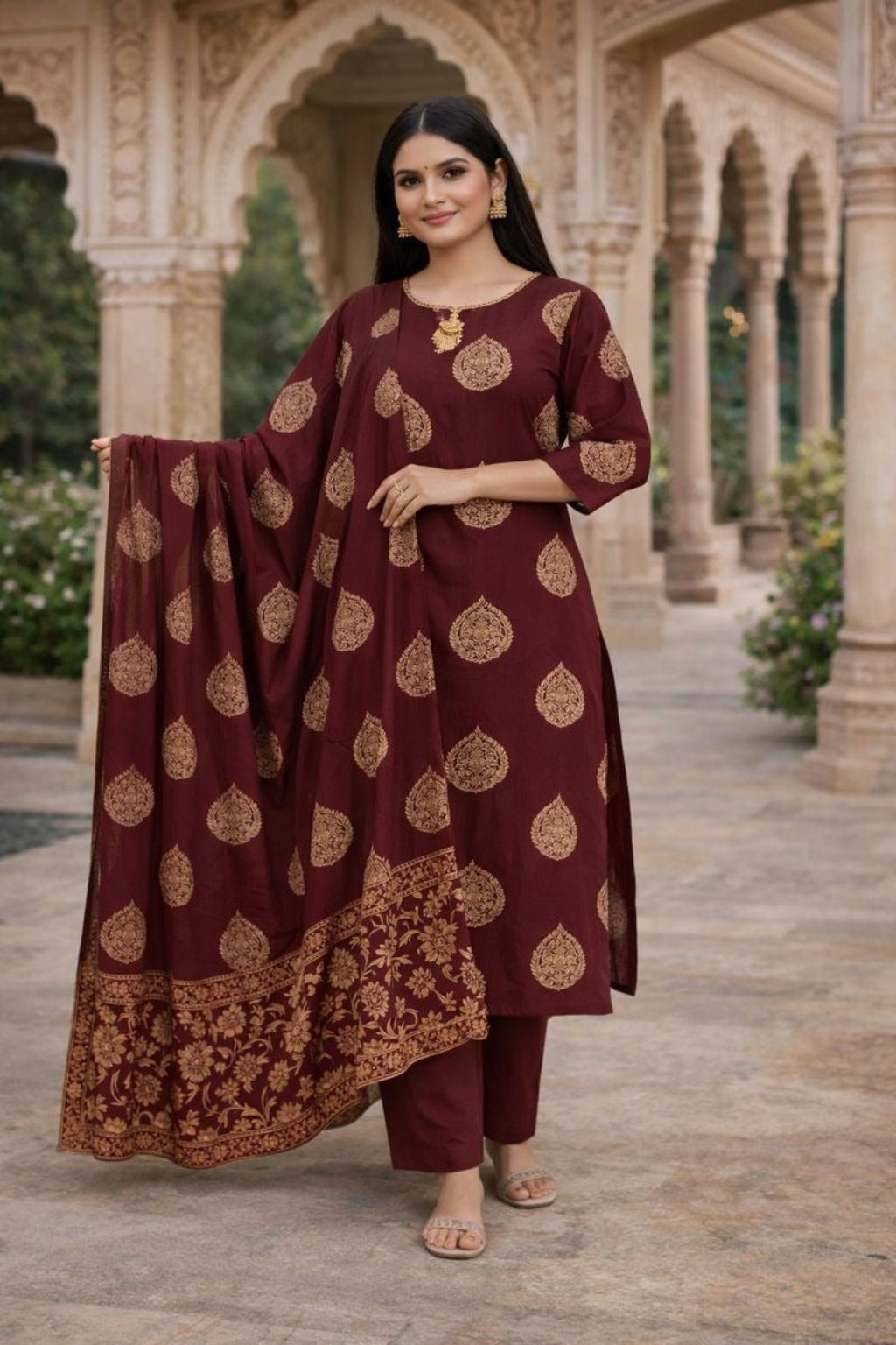 Women Maroon Cotton Paisley Printed Kurti Dupatta Set