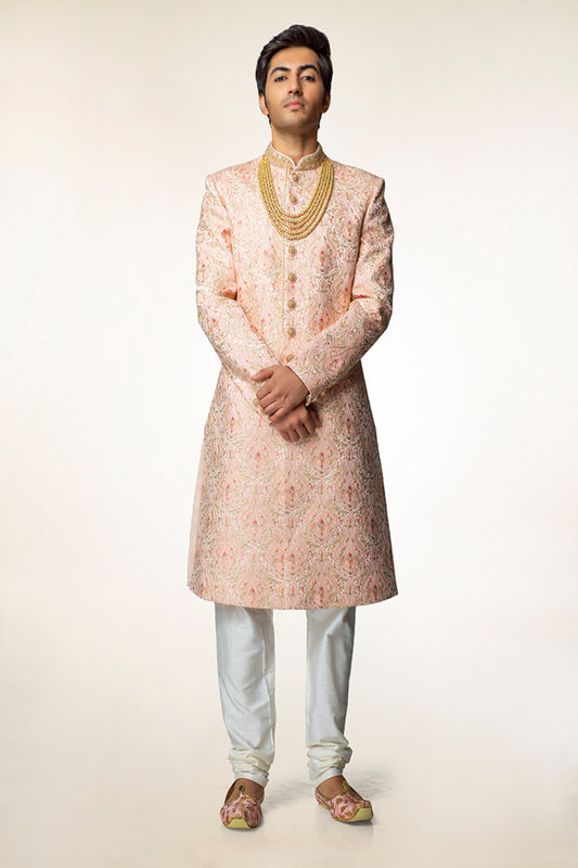 Peach Embroidered Sherwani Set - Crafted Just for You. Minimum Delivery: 20 Days