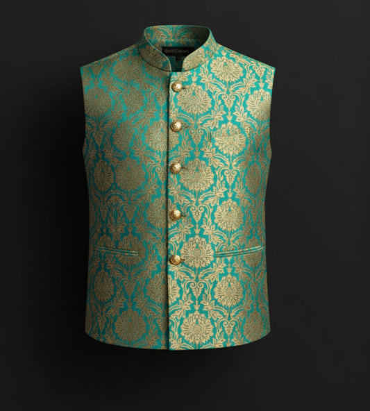 Emerald Green Brocade Nehru Jacket with Gold Zari Work