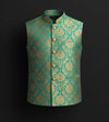 Emerald Green Brocade Nehru Jacket with Gold Zari Work