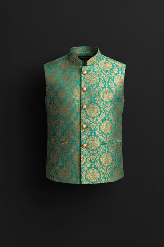 Emerald Green Brocade Modi Jacket with Gold Zari Work - Crafted Just for You.