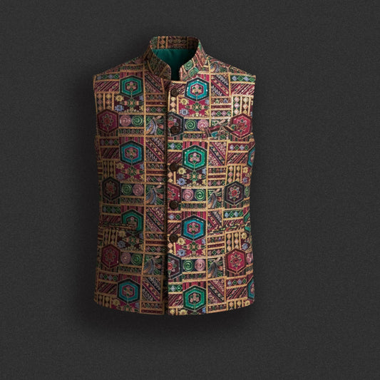 Multicolor Embroidered Nehru Jacket – Heritage Patchwork Edition