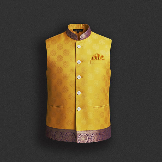 Golden Yellow Brocade Nehru Jacket – Festive Classic
