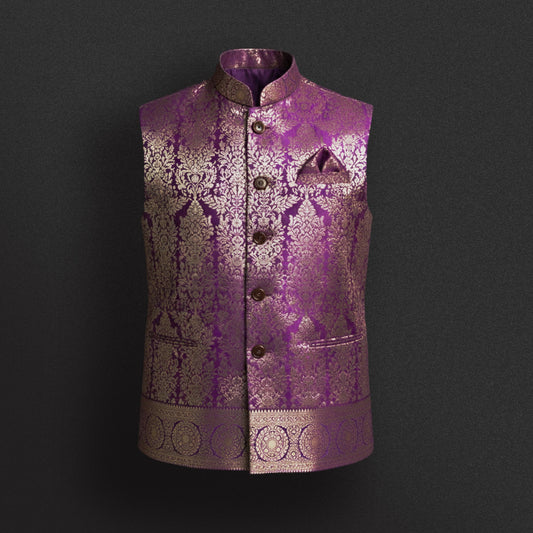 Royal Purple Brocade Nehru Jacket – Golden Zari Elegance