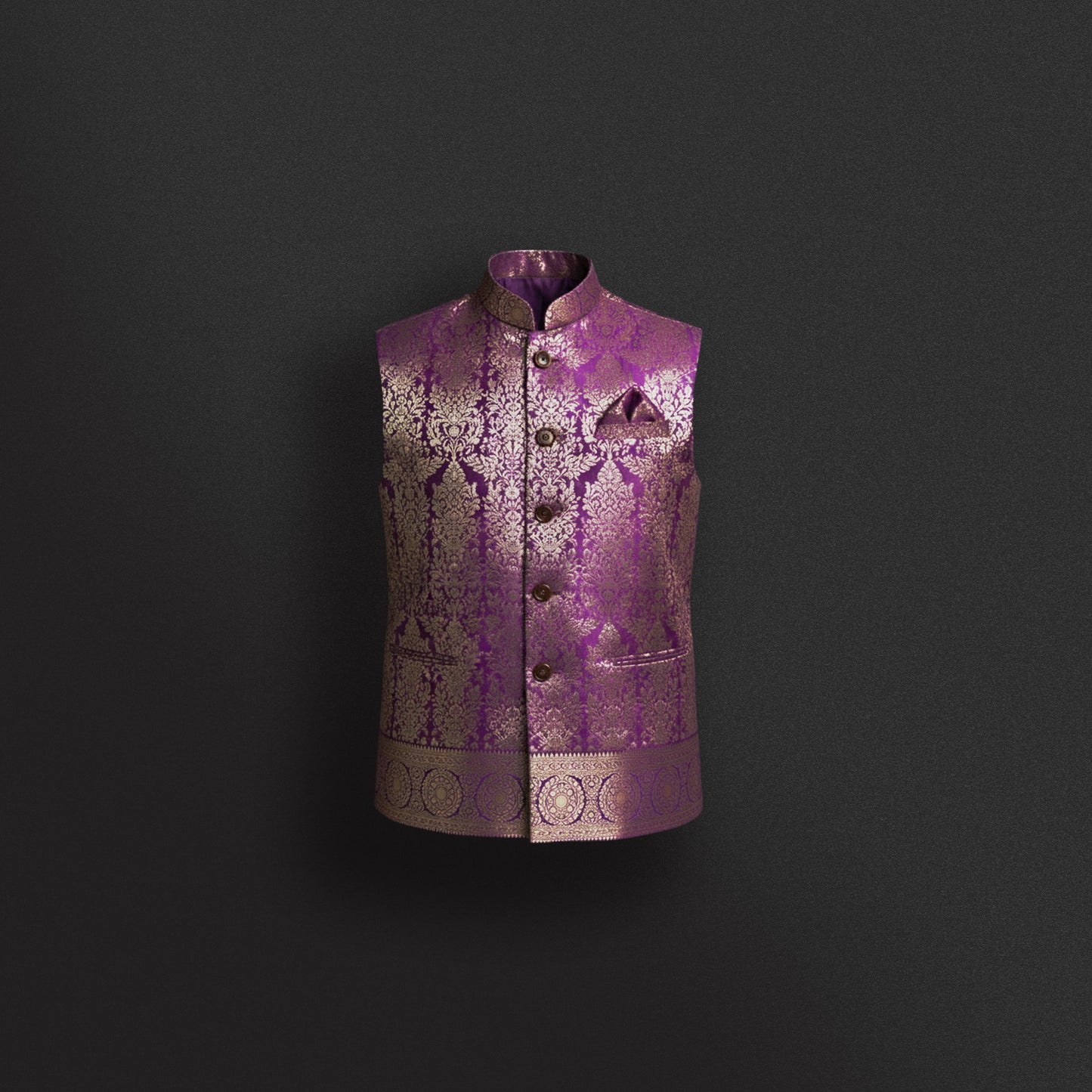 Royal Purple Brocade Nehru Jacket – Golden Zari Elegance