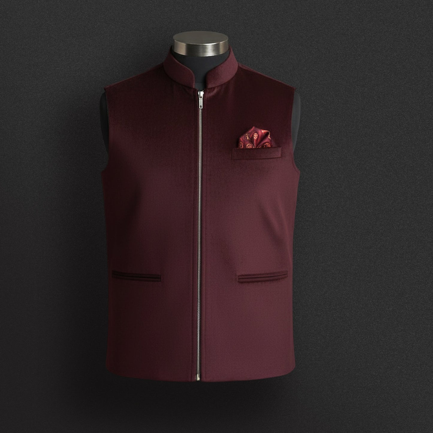 Maroon Zipper Nehru Jacket with Silk Pocket Square