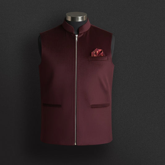 Maroon Zipper Nehru Jacket with Silk Pocket Square