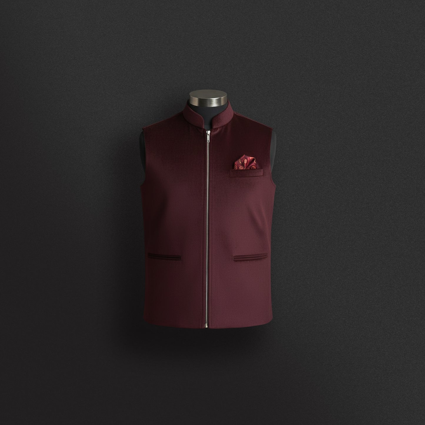 Maroon Zipper Nehru Jacket with Silk Pocket Square