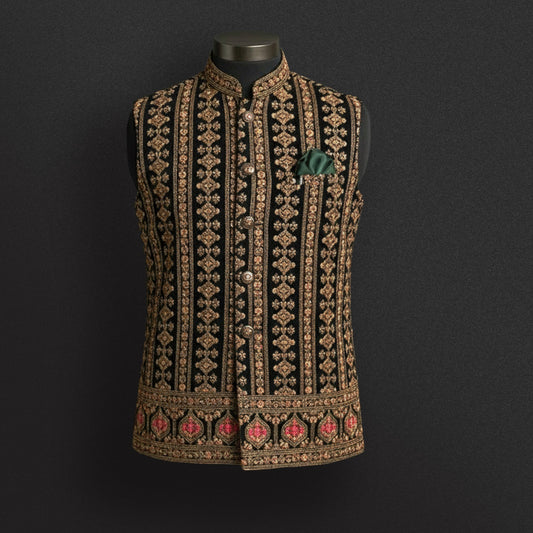Luxury Black Velvet Nehru Jacket – Regal Wedding Wear