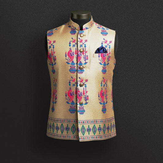 Beige Multicolor Embroidered Nehru Jacket – Festive Classic
