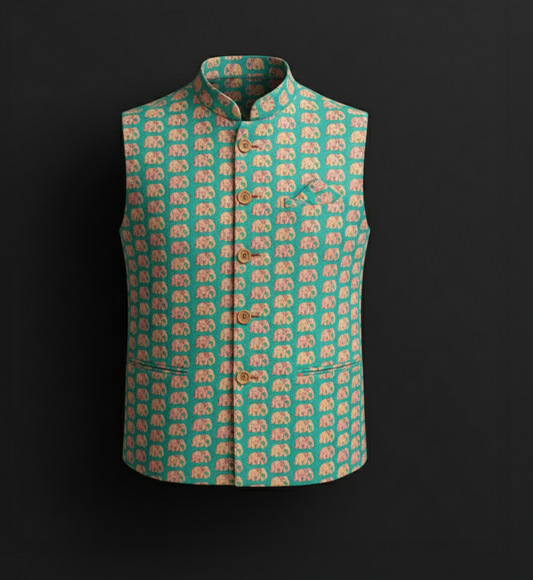 Sea Green Elephant Print Nehru Jacket – Heritage Edition