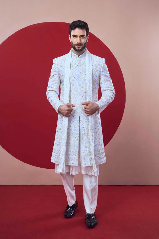 Royal White Embroidered Sherwani – Majestic Groom Look