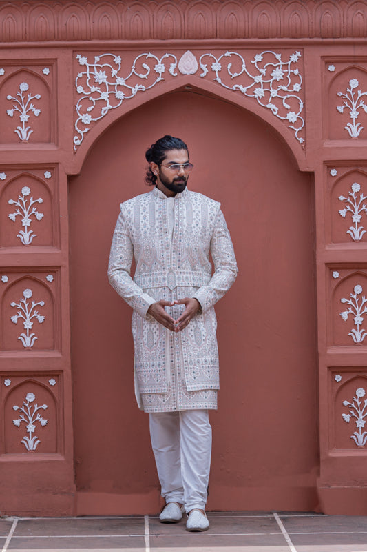 Ivory Embroidered Sherwani Set - Crafted Just for You. Minimum Delivery: 20 Days