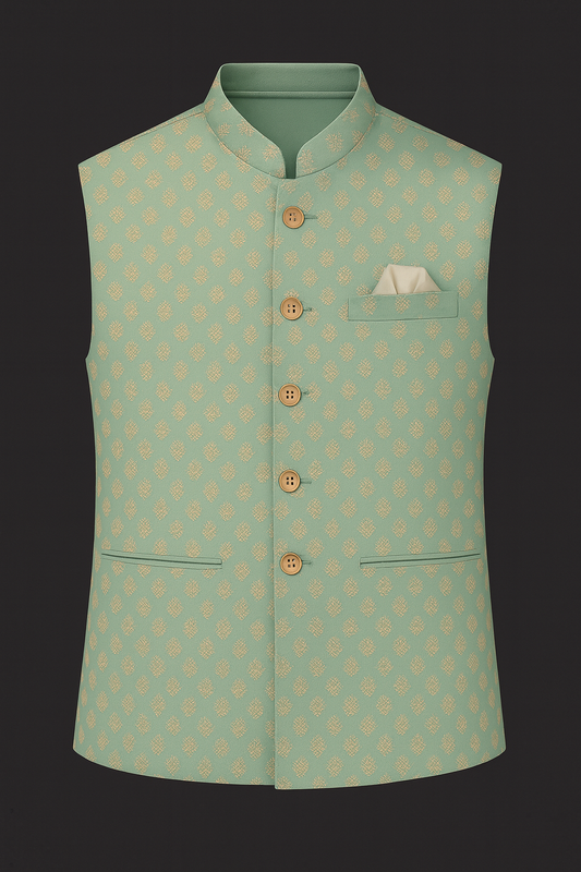 Mint Green Jacquard Nehru Jacket – Gold Motif Elegance