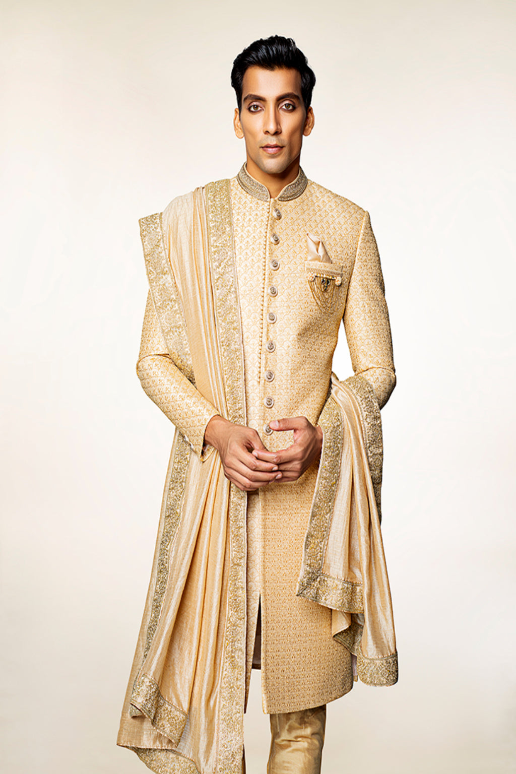 Golden Embroidered Sherwani with Dupatta - Crafted Just for You. Minimum Delivery: 20 Days